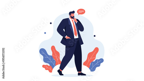 Confident and well dressed businessman walking thoughtfully while pondering over a new business idea or corporate strategy.