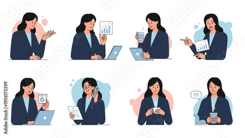 Diverse collection of a professional businesswoman working on a laptop, drinking coffee, and giving corporate presentations.