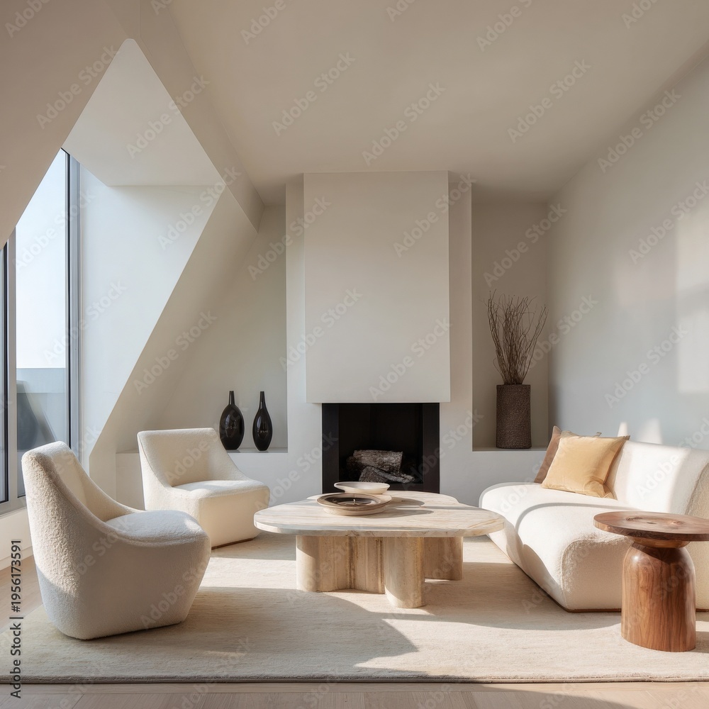 Fototapeta premium Modern minimalist living room with neutral tones and cozy furniture