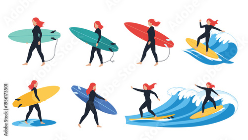 Set of female surfer illustrations showing a woman carrying a surfboard, paddling, and riding ocean waves with great skill.