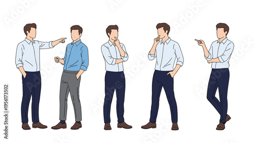 Collection of various poses of a man in casual business attire such as pointing, thinking, pondering, and waiting in line.