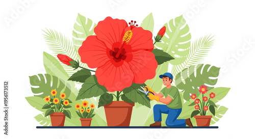 Gardener tending to a large red hibiscus flower.
