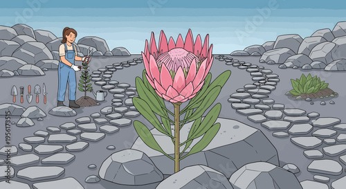 Giant Pink Protea Flower Blooming in Rocky Landscape.