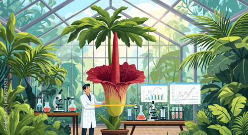 Giant Corpse Flower Blooming in Scientific Greenhouse.
