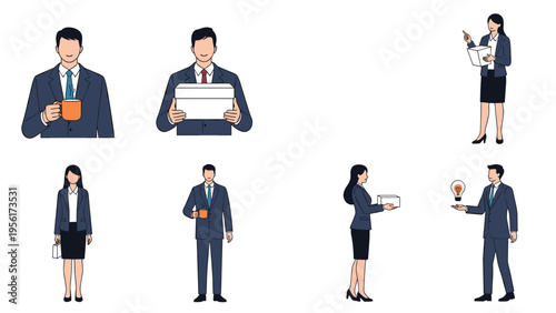 Diverse set of business people performing actions like drinking coffee, carrying boxes, and brainstorming new creative ideas.