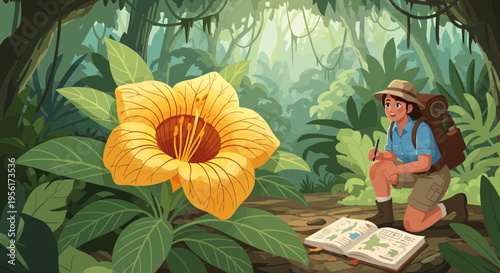 Giant Yellow Jungle Flower and Botanist Studying Flora.