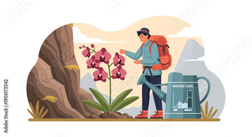 Hiker discovers rare orchid during mountain exploration adventure.