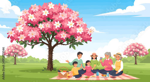 Happy Family Enjoying Picnic Under Blooming Tree.