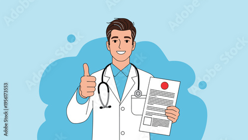 Happy doctor giving a thumbs up gesture while holding an official medical report or health certificate for a healthy patient.