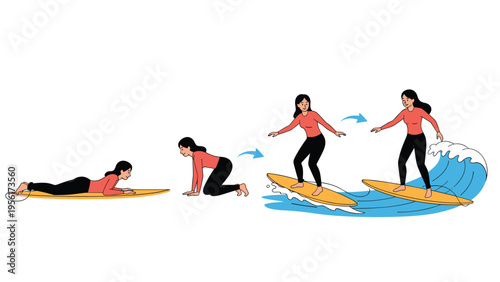 Step by step sequence of a woman learning how to surf from lying on the board to successfully standing up on a large wave.