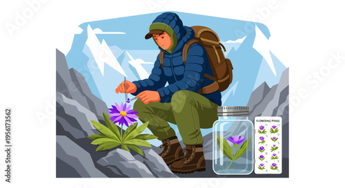 Hiker examining a delicate alpine flower in its natural habitat.