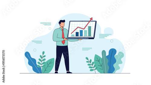 Motivated businessman carrying a large golden dollar coin next to a growing plant symbolizing personal wealth and investment.