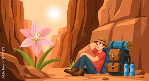 Hiker resting with backpack and water bottles.