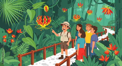 Jungle Expedition Guide Explaining Exotic Flora to Tourists.