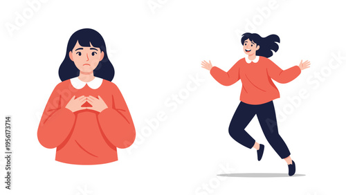 Young woman character showing contrasting expressions and emotions of being worried or anxious versus jumping with pure joy and happiness.