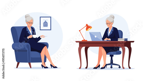 Senior businesswoman character depicted in both professional work and relaxing coffee break scenarios at the office.