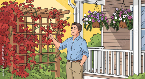 Man tending to vibrant red flowers on a wooden trellis.