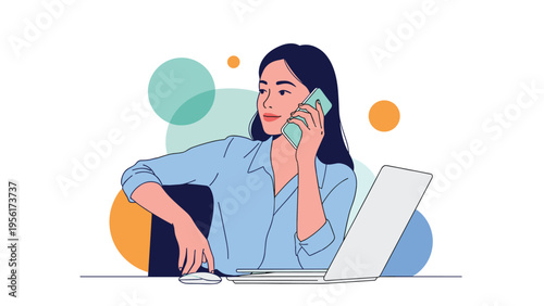 Focused young woman character working at her desk while talking on a smartphone and using a laptop in a modern office setting.