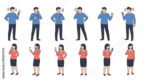 Diverse group of people characters using mobile phones for calling, messaging, and internet browsing in various poses.