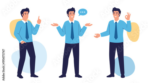 Professional businessman character in different poses showing various expressions like pointing, confusion, and approval.