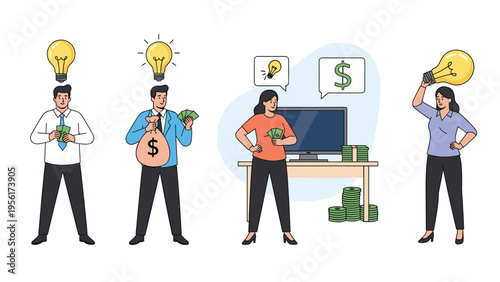 Successful business people characters generating profitable ideas represented by lightbulbs and piles of money.