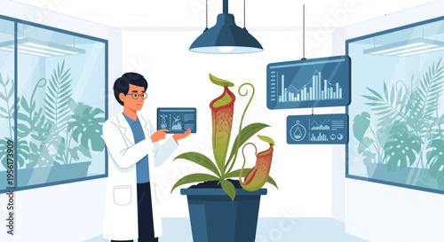 Scientist studying a large carnivorous pitcher plant in a laboratory setting.
