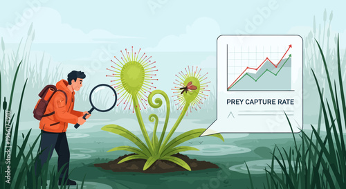 Scientist studies carnivorous plant and insect interaction with data analysis.