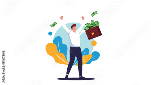 Joyful businessman celebrating a massive financial win with green dollar bills flying out of his briefcase.