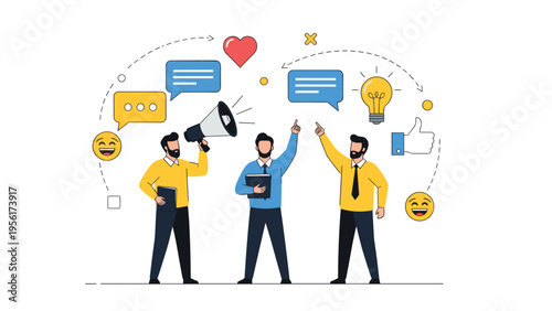 Group of business professionals using a megaphone and pointing at social media icons to illustrate a digital marketing strategy.