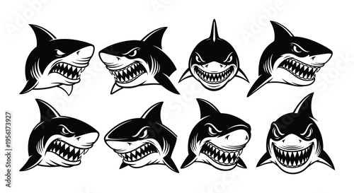 Aggressive shark heads in various poses a black and white illustration