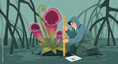 Scientist studying giant carnivorous pitcher plants in a swamp.
