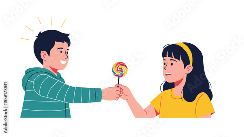 Young boy in a striped hoodie sharing a colorful swirl lollipop with a girl in a yellow shirt against a white background.