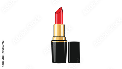 Close-up illustration of a classic red lipstick in a gold and black case isolated on a plain white background for beauty concepts.