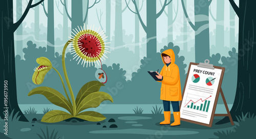 Scientist Studying Giant Carnivorous Plant in Forest.