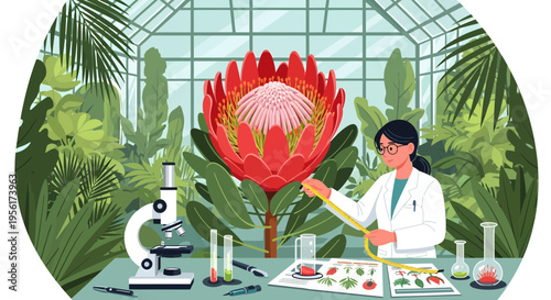 Scientist studying giant protea flower in greenhouse laboratory.