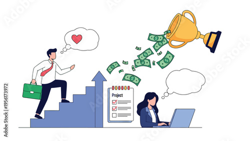 Business concept illustration showing a man climbing stairs towards success while money flows from a trophy above a busy worker.