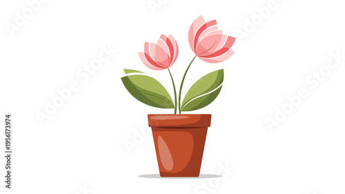 Beautiful illustration of two delicate pink flowers blooming in a simple brown ceramic pot against a clean white background.