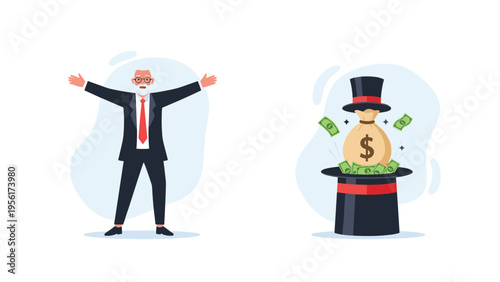 Senior businessman gesturing with open arms next to a magic hat overflowing with money bags and cash for wealth concepts.
