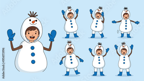 Collection of cute illustrations showing a young boy in a white snowman costume with various happy poses and gestures.