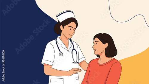 Compassionate nurse in a white uniform and stethoscope talking to a female patient in a warm and comforting environment.