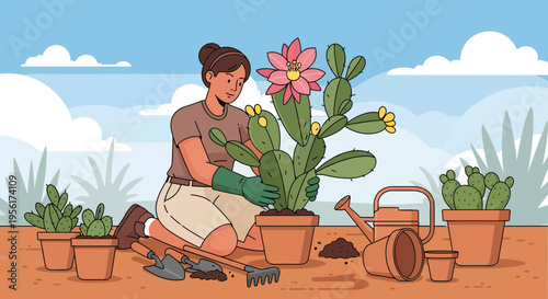 Woman tending to a blooming prickly pear cactus plant.