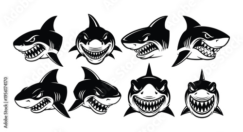 Aggressive shark heads in various poses a black and white illustration