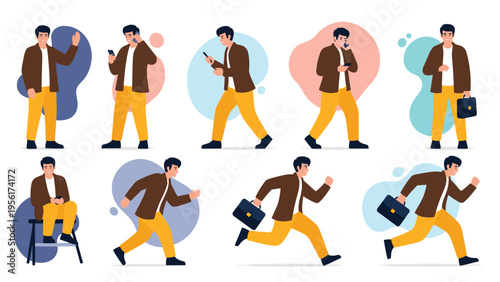 Dynamic character sheet of a man in brown jacket and yellow pants shown walking, running with a briefcase, and using a phone.