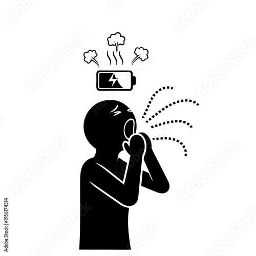 Mental burnout and stress concept of an overwhelmed person shouting with a steaming battery symbol above their head