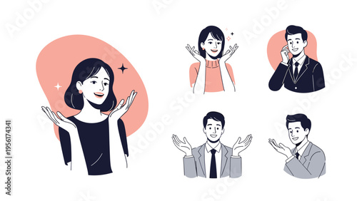 Set of five expressive character portraits showing various emotions like surprise, happiness, and excitement with hand gestures.