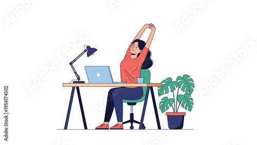 Healthy workplace concept showing a woman at her desk stretching her arms after working on a laptop for a long time.