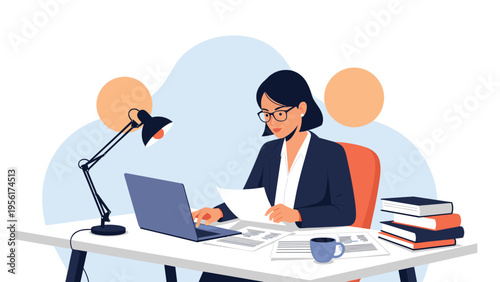 Dedicated professional woman working at a desk filled with papers, laptop, and books in a modern office environment.