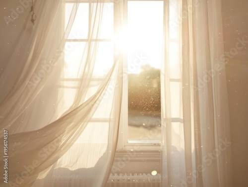 White sheer curtain flowing in breeze at open sunlit window with golden light and dust particles. Fresh spring and summer 2026 lifestyle interior for wellness and home design.