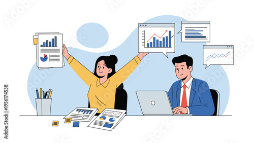 Joyful business duo celebrating a breakthrough while surrounded by multiple data charts, graphs, and financial reports.