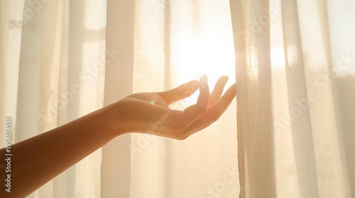 Elegant woman's hand reaching toward glowing sunlight through white sheer curtain. Hopeful spring and summer 2026 lifestyle mood for wellness, mindfulness and beauty campaigns.